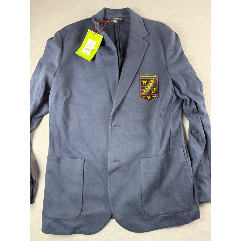 Houston White Mens Knit Blazer Navy Blue Crest Patch Jacket Size M NWT
